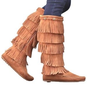 NEW 6 Minnetonka 5 Layer Fringe Festival Knee High Boots Suede Leather Moccasins